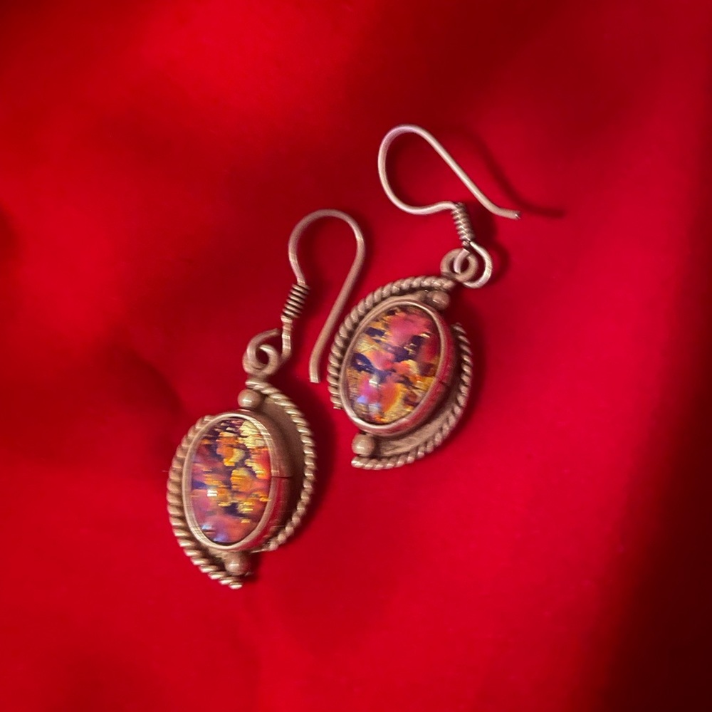Vintage Mexico Sterling Silver Foil Opal Glass Dangle Hook Earrings